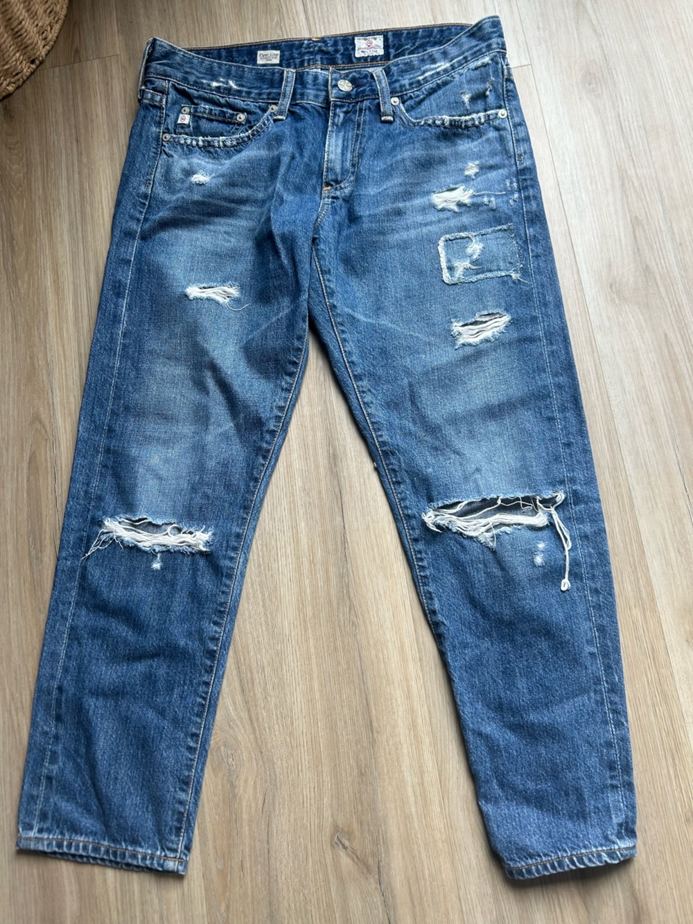 Ag Adriano Goldschmied Distressed Blue Slim Straight Jeans